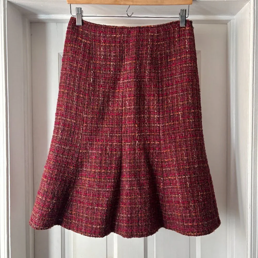 Lafayette 148 New York Tweed Midi Skirt Red Purple Flounce Hem Size 4